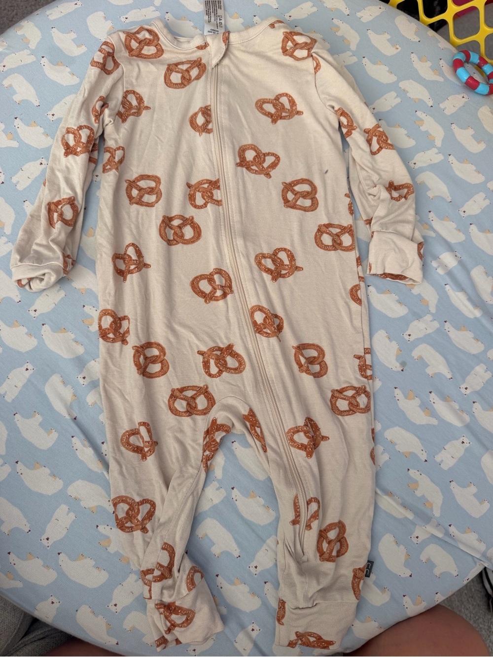 Cream Baby Zipper Footed One-Piece with Pretzel Print